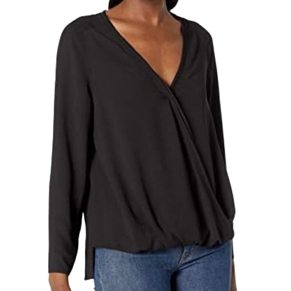 COOPER & ELLA Long Sleeve Crepe Faux Wrap V-Neck Alyssa Blouse Black - XS